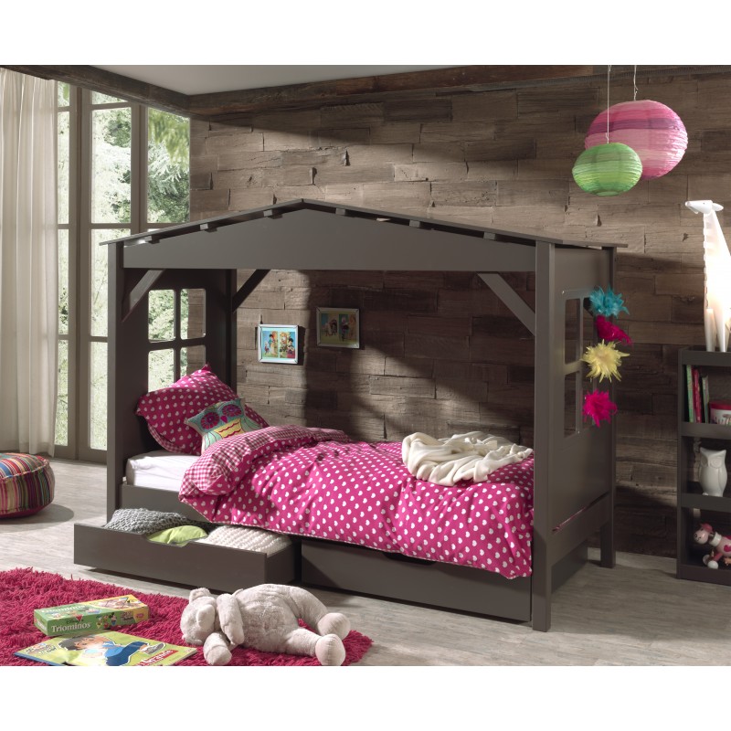Lit cabane moderne pour enfant avec tiroirs coloris taupe