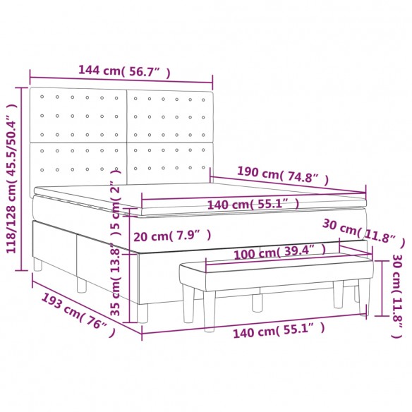 Cadre de lit avec matelas Gris clair 140x190cm Tissu