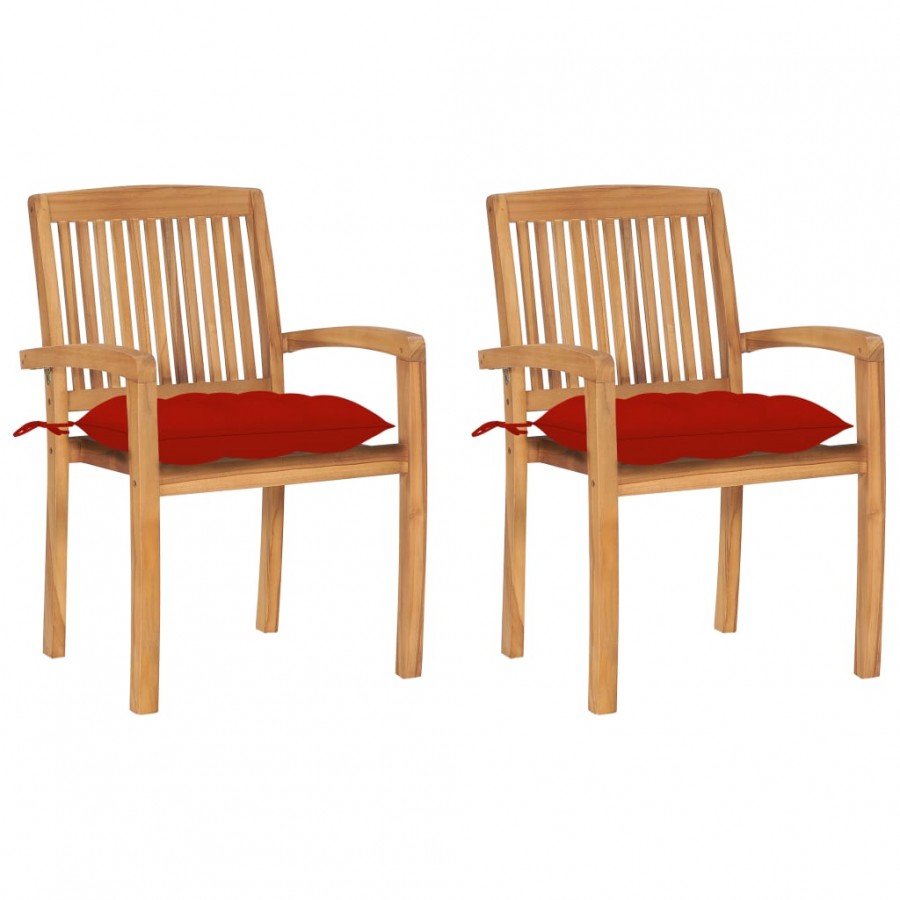 Chaises de jardin 2 pcs avec coussins rouge Bois de teck massif