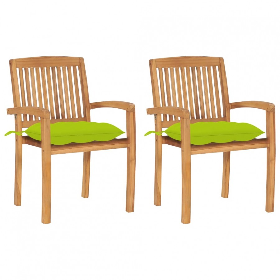 Chaises de jardin 2 pcs avec coussins vert vif Teck massif