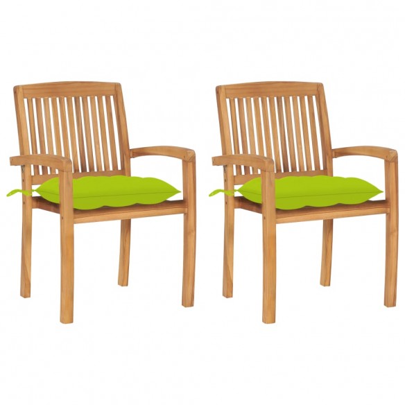 Chaises de jardin 2 pcs avec coussins vert vif Teck massif