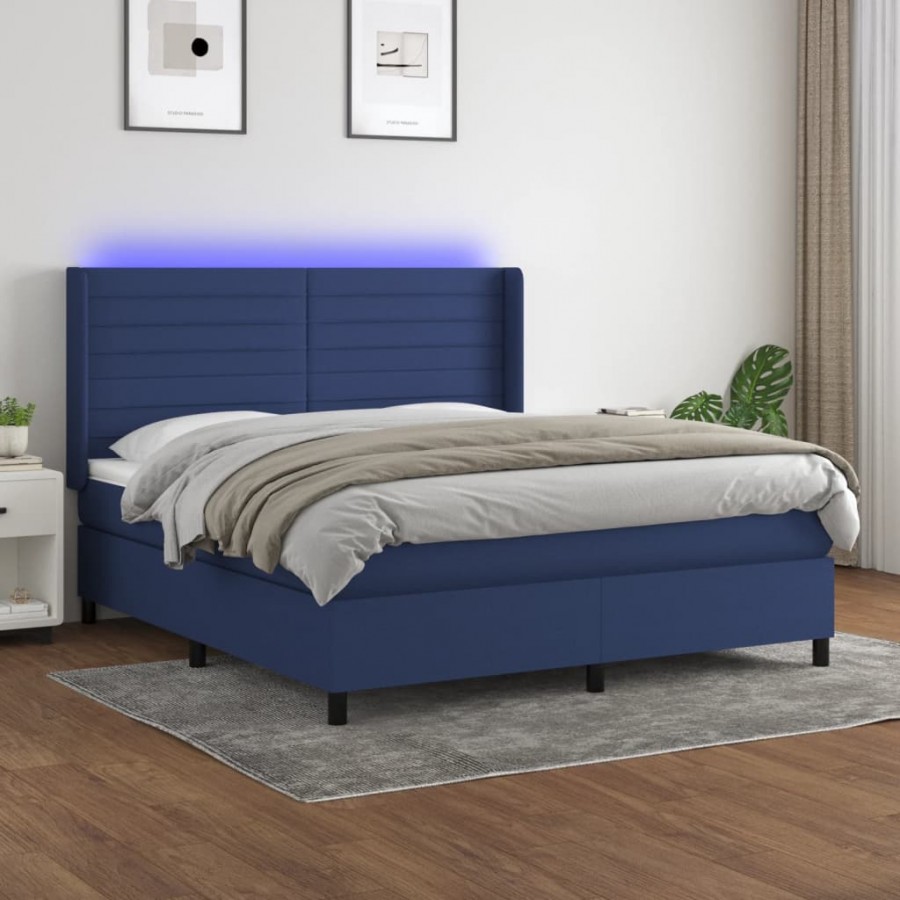 Cadre de lit matelas et LED Bleu 160x200 cm Tissu