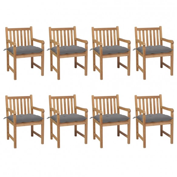 Chaises de jardin 8 pcs avec coussins gris Bois de teck solide