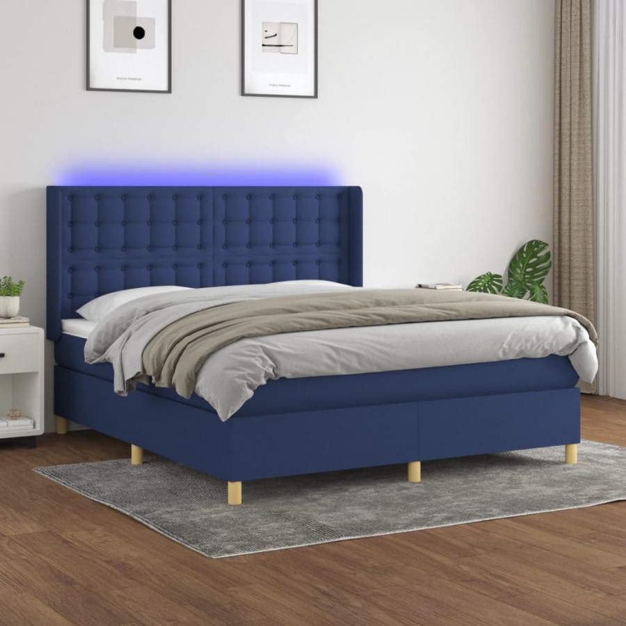 Cadre de lit matelas et LED Bleu 180x200 cm Tissu