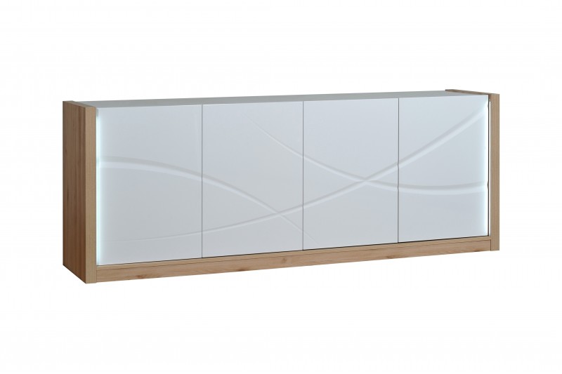 Bahut design LED 4 portes ouvrantes en bois blanc laqué