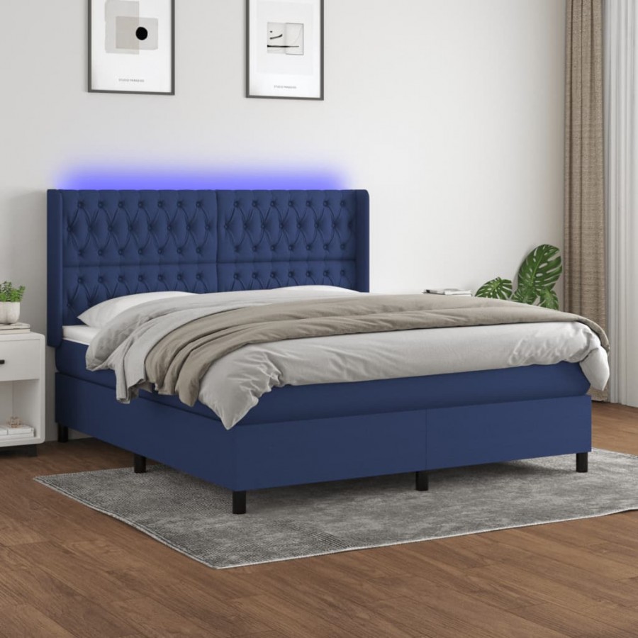 Cadre de lit matelas et LED Bleu 160x200 cm Tissu