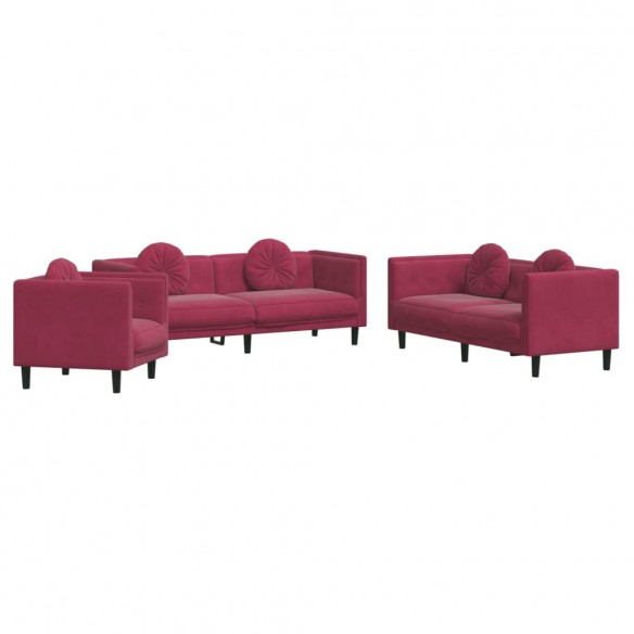 Ensemble de canapés 3 pcs avec coussins rouge bordeaux velours