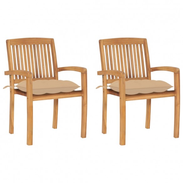 Chaises de jardin 2 pcs avec coussins beige Bois de teck massif