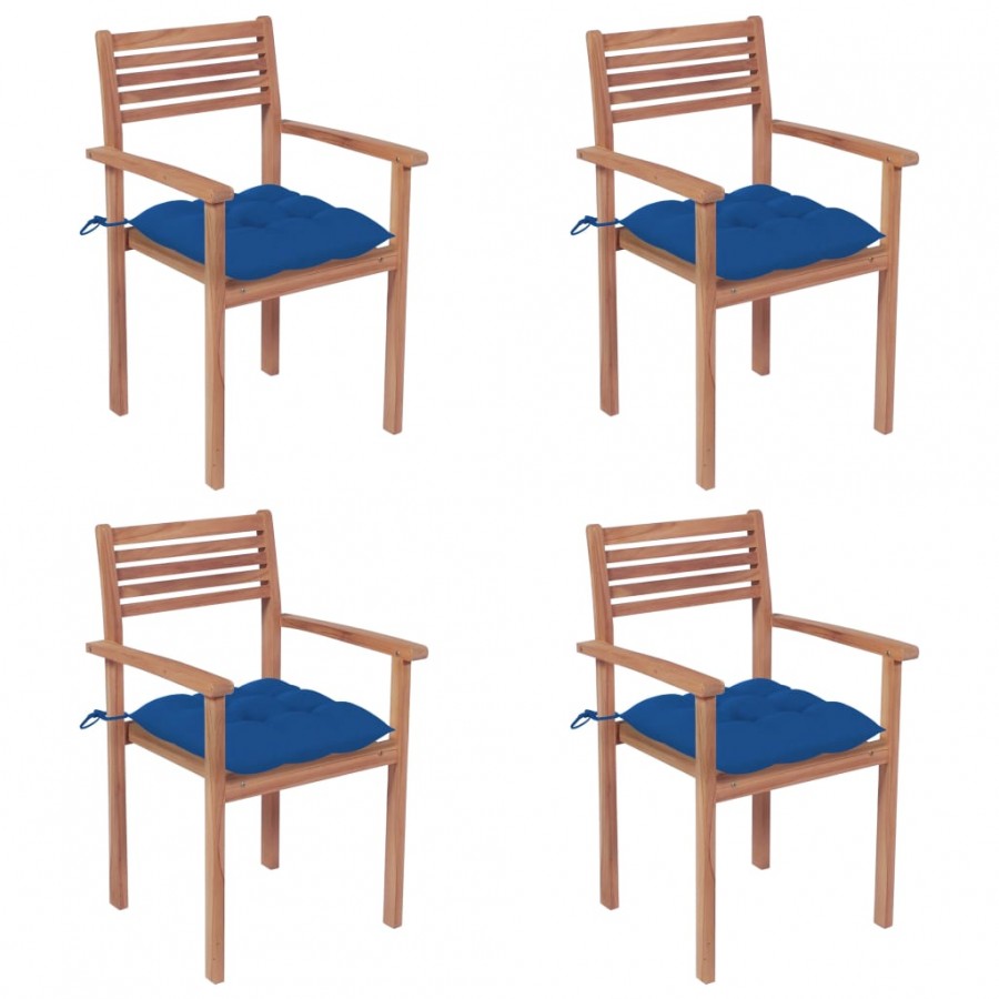 Chaises de jardin 4 pcs avec coussins bleu Bois de teck solide