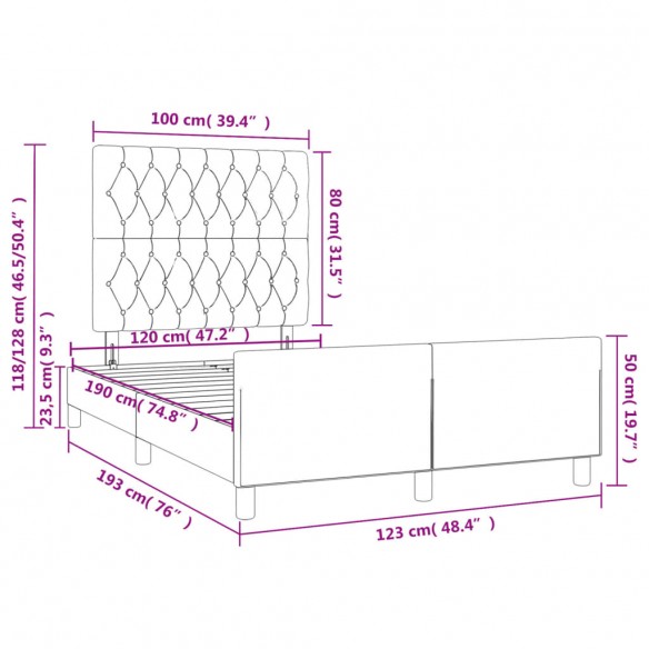 Cadre de lit avec tête de lit taupe 120x190 cm tissu