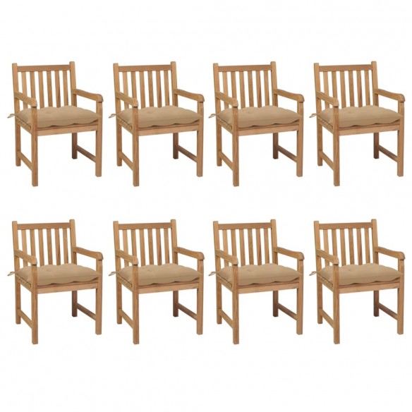 Chaises de jardin 8 pcs avec coussins beige Bois de teck solide