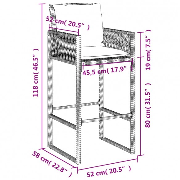 Tabourets de bar jardin coussins lot de 2 gris résine tressée