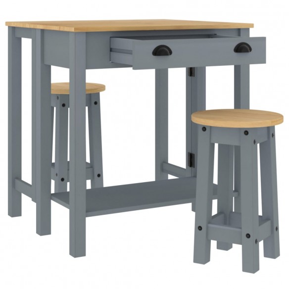 Ensemble de bar 3 pcs gris bois de pin massif