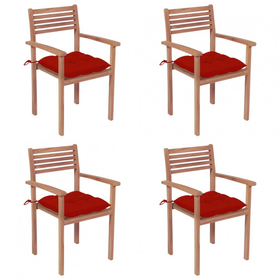 Chaises de jardin 4 pcs avec coussins rouge Bois de teck solide