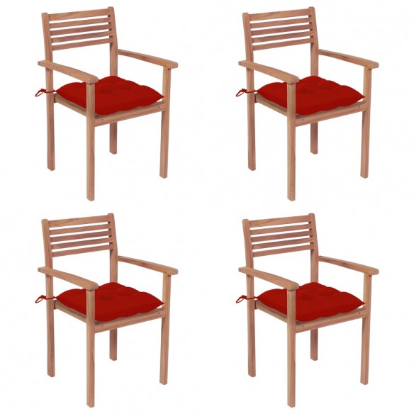 Chaises de jardin 4 pcs avec coussins rouge Bois de teck solide