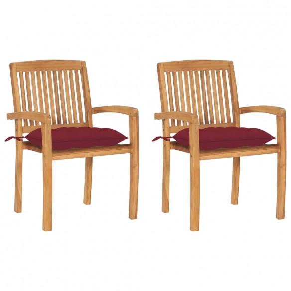 Chaises de jardin 2 pcs avec coussins bordeaux Teck massif