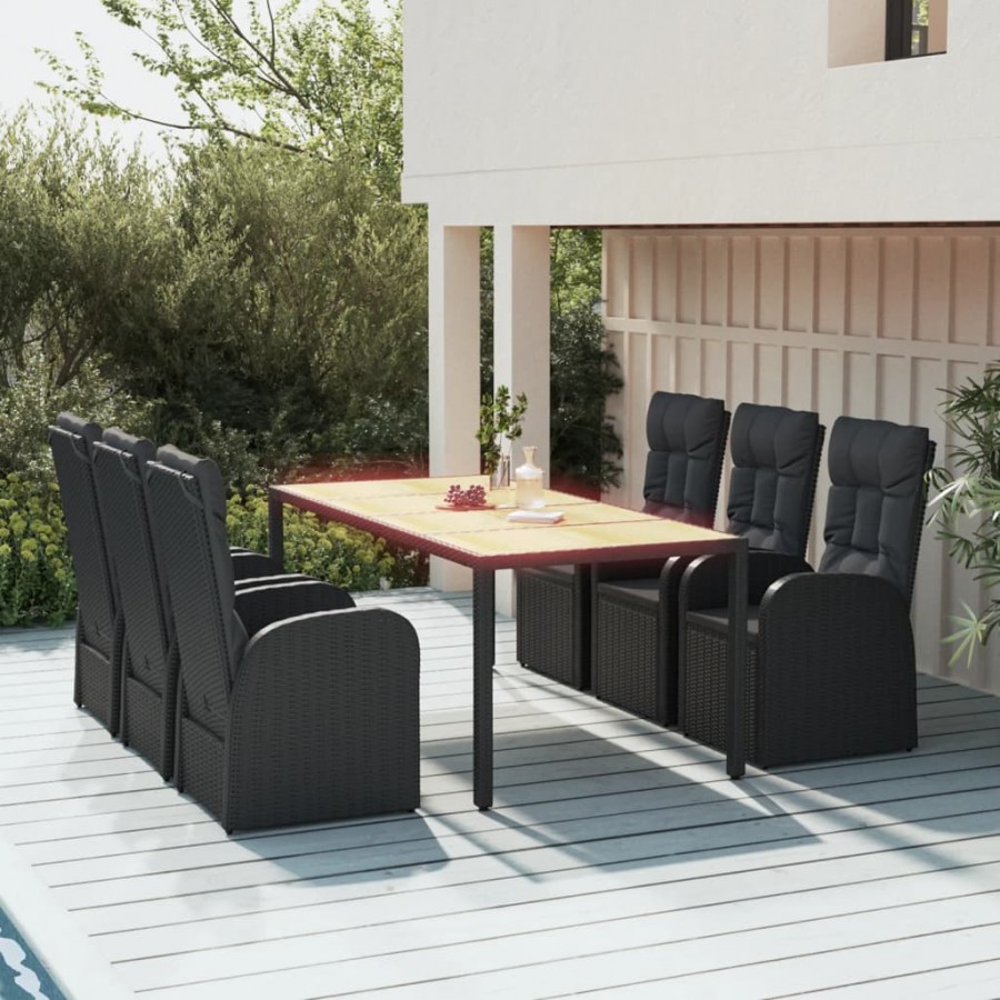 Ensemble à manger de jardin coussins 7pcs Noir Résine tressée