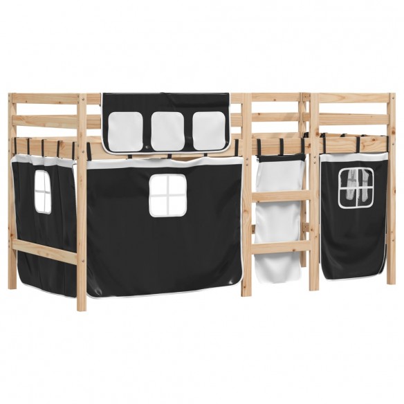 Lit mezzanine enfants et rideaux blanc/noir 90x190cm pin massif