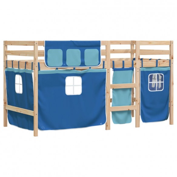 Lit mezzanine enfants et rideaux bleu 90x200cm bois pin massif