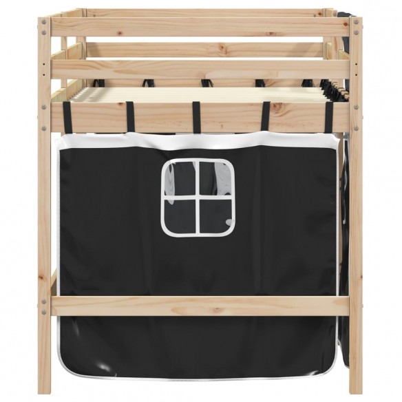 Lit mezzanine enfants et rideaux blanc/noir 90x190cm pin massif