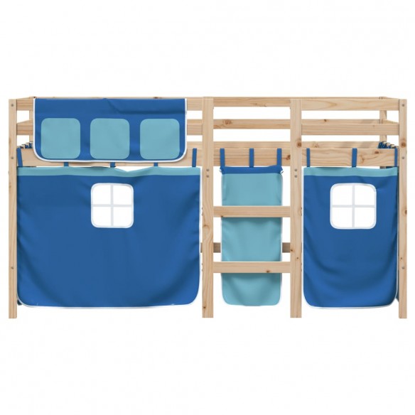 Lit mezzanine enfants et rideaux bleu 90x200cm bois pin massif