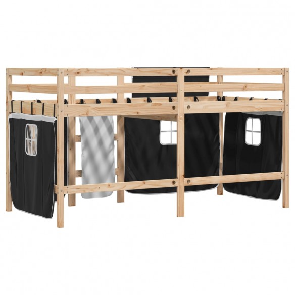 Lit mezzanine enfants et rideaux blanc/noir 90x190cm pin massif