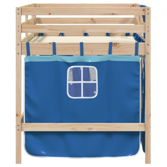 Lit mezzanine enfants et rideaux bleu 90x200cm bois pin massif