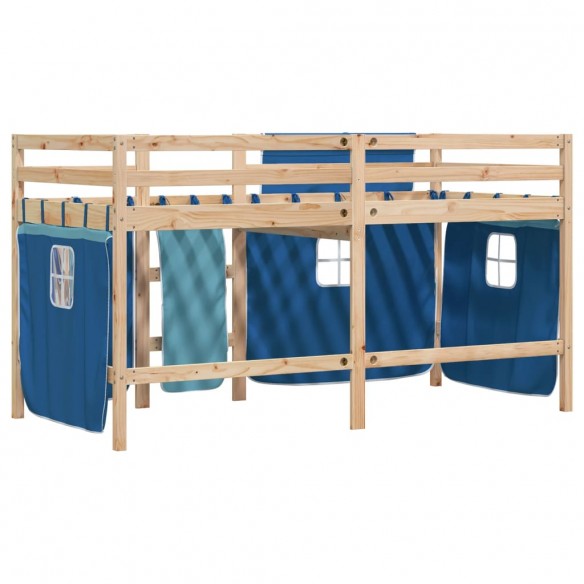 Lit mezzanine enfants et rideaux bleu 90x200cm bois pin massif