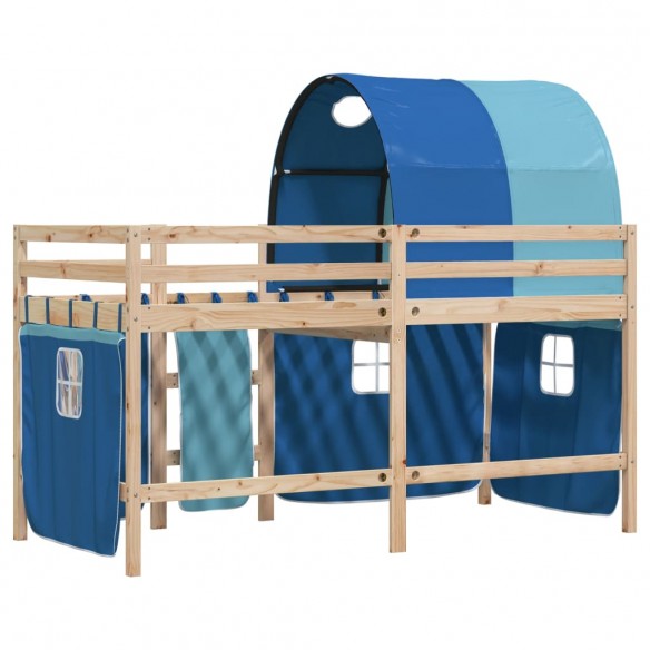 Lit mezzanine enfants et tunnel bleu 90x200cm bois pin massif