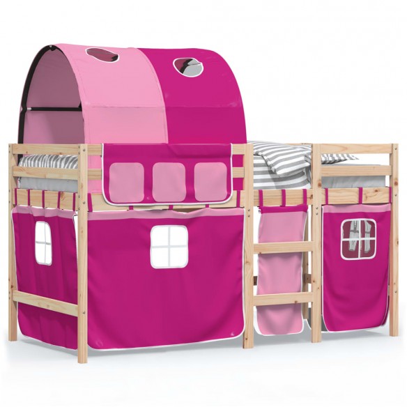 Lit mezzanine enfants avec tunnel rose 90x190cm bois pin massif