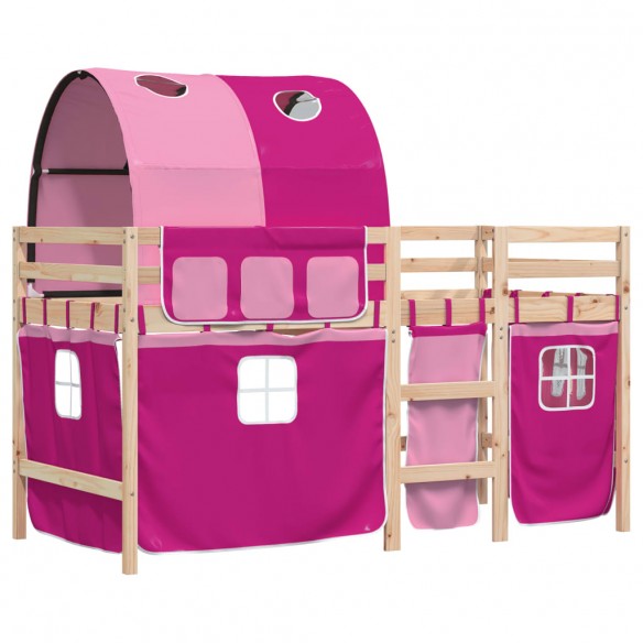 Lit mezzanine enfants avec tunnel rose 90x190cm bois pin massif