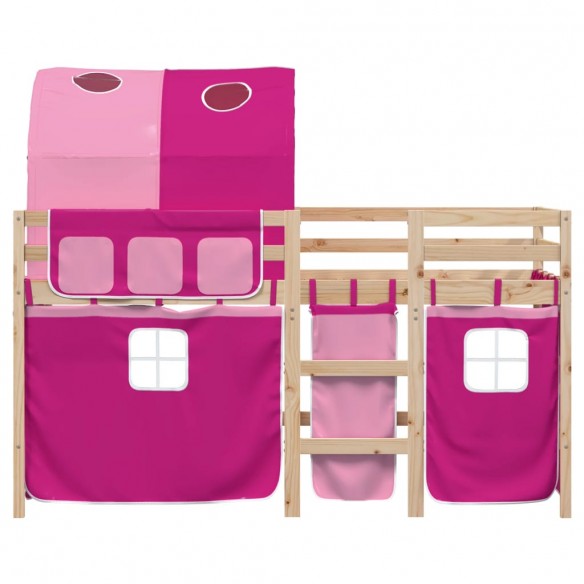 Lit mezzanine enfants avec tunnel rose 90x190cm bois pin massif