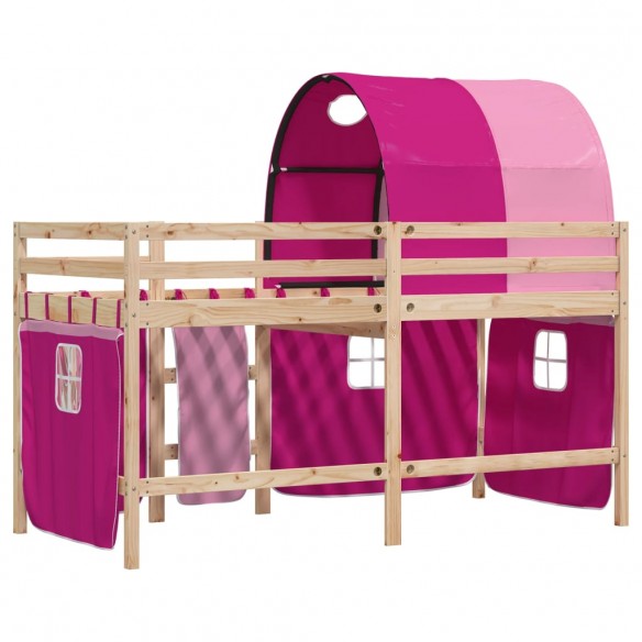 Lit mezzanine enfants avec tunnel rose 90x190cm bois pin massif