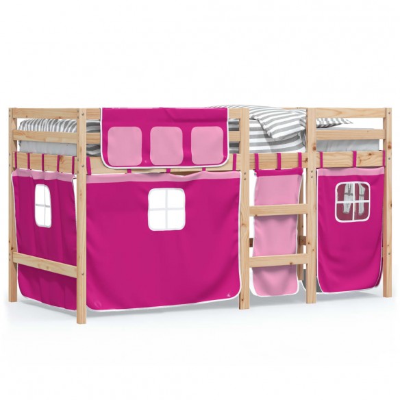 Lit mezzanine enfants et rideaux rose 90x190cm bois pin massif