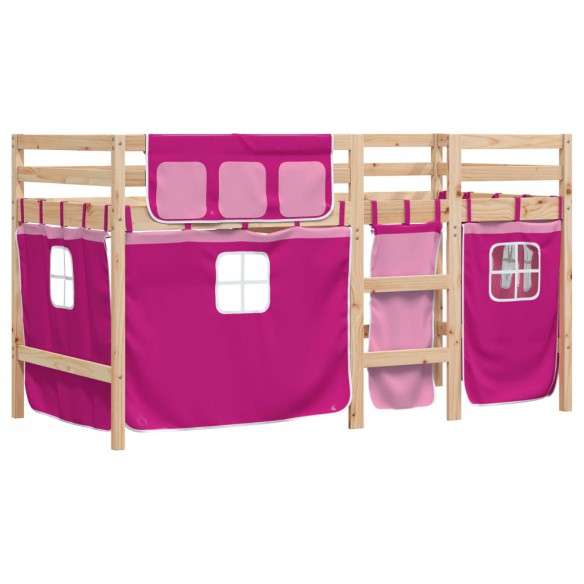 Lit mezzanine enfants et rideaux rose 90x190cm bois pin massif