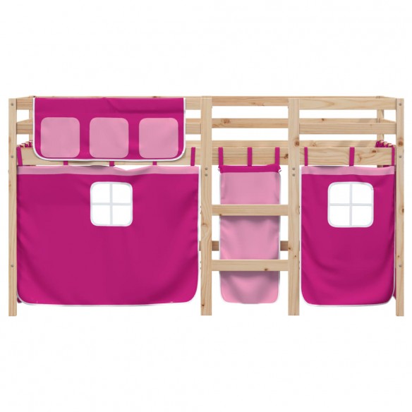 Lit mezzanine enfants et rideaux rose 90x190cm bois pin massif