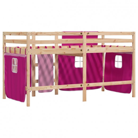 Lit mezzanine enfants et rideaux rose 90x190cm bois pin massif