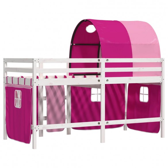 Lit mezzanine enfants avec tunnel rose 90x200cm bois pin massif