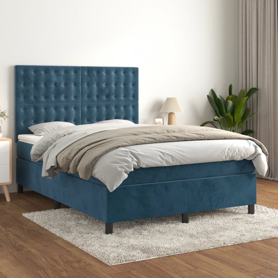 Cadre de lit et matelas Bleu foncé 140x190cm Velours