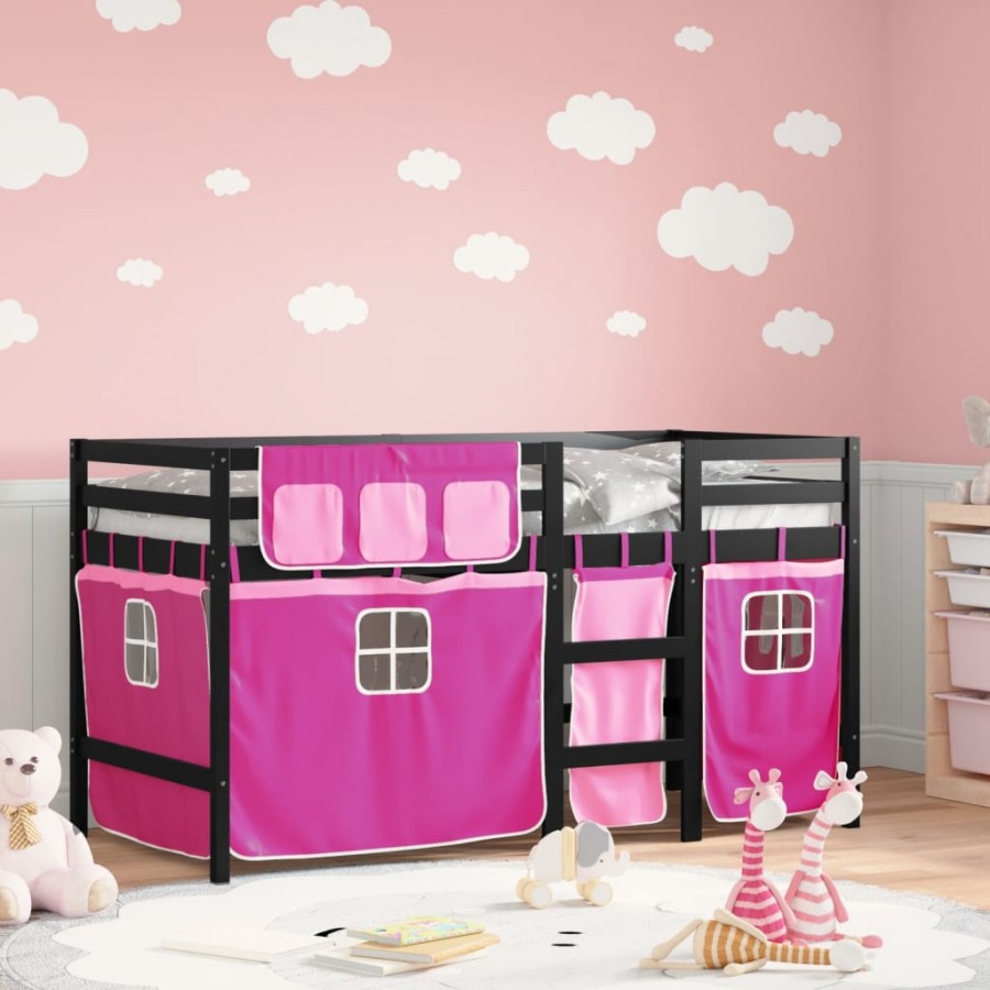 Lit mezzanine enfants et rideaux rose 90x200cm bois pin massif