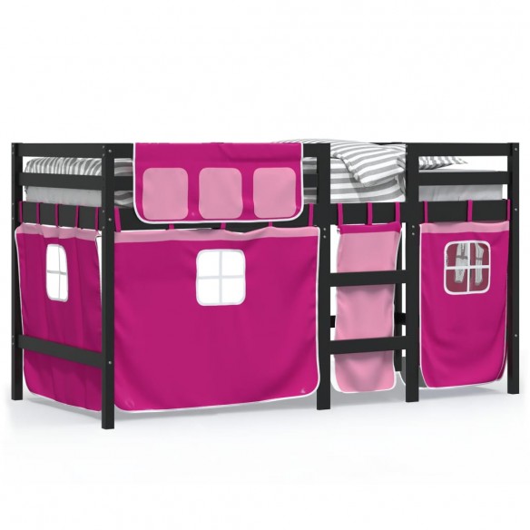 Lit mezzanine enfants et rideaux rose 90x200cm bois pin massif