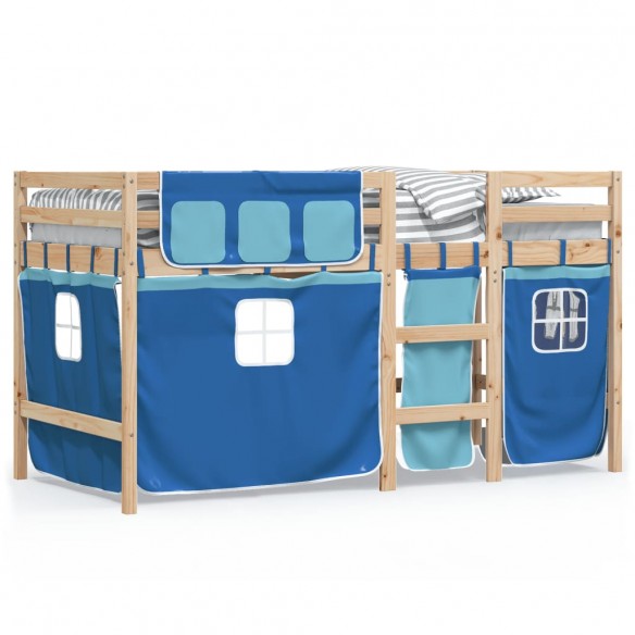 Lit mezzanine enfants et rideaux bleu 90x190cm bois pin massif