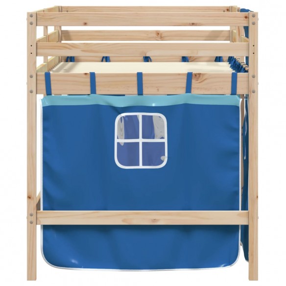 Lit mezzanine enfants et rideaux bleu 90x190cm bois pin massif