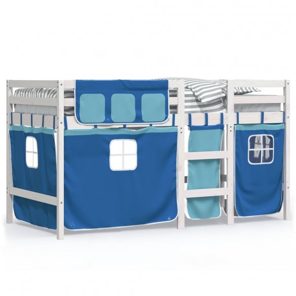 Lit mezzanine enfants et rideaux bleu 80x200cm bois pin massif