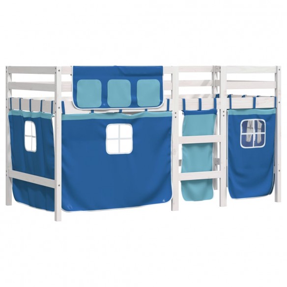 Lit mezzanine enfants et rideaux bleu 80x200cm bois pin massif