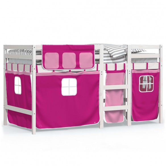 Lit mezzanine enfants et rideaux rose 90x190cm bois pin massif