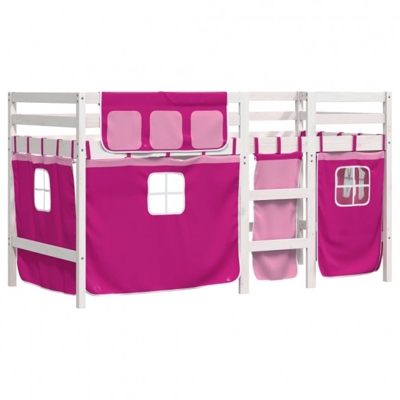 Lit mezzanine enfants et rideaux rose 90x190cm bois pin massif