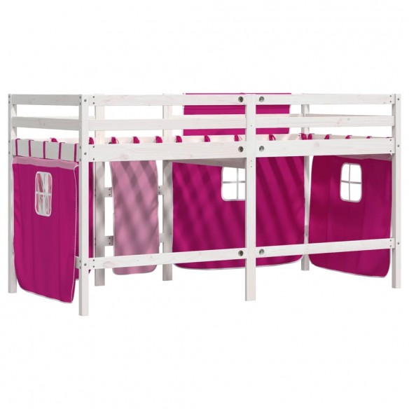 Lit mezzanine enfants et rideaux rose 90x190cm bois pin massif