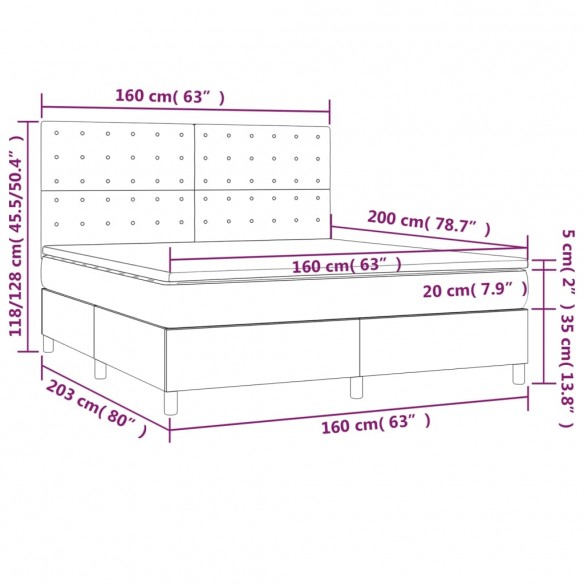 Cadre de lit matelas et LED Gris clair 160x200 cm