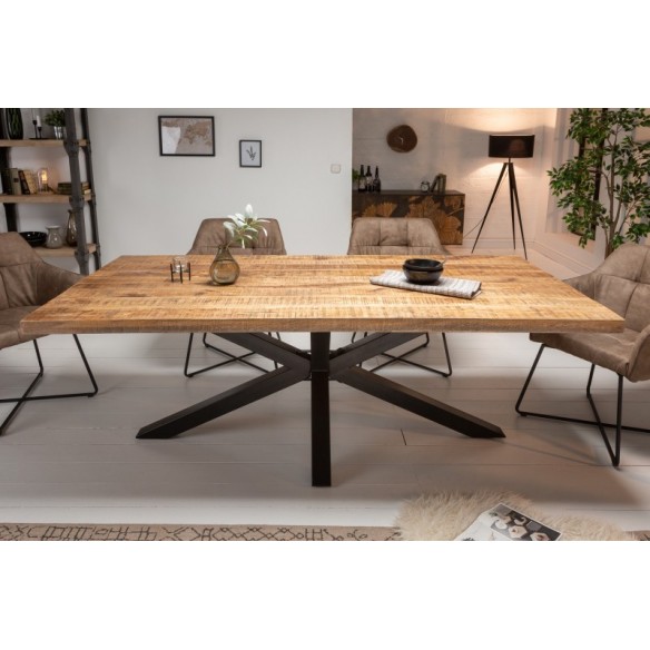 Table sale à manger 160 cm en bois massif et pied Mikado métal noir design